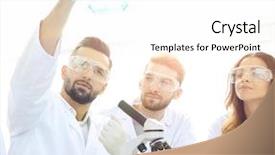  Presentation with biochemistry - Slide deck with chemistry matter - group of young workers are background and a  colored foreground