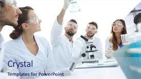  Presentation with biochemistry - Colorful slides enhanced with chemistry matter - group of young workers are backdrop and a  colored foreground