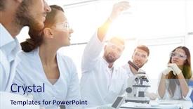  Presentation with biochemistry - Slide set consisting of chemistry matter - group of young workers are background and a sky blue colored foreground