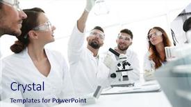  Presentation with biochemistry - Presentation design consisting of chemistry matter - group of young workers are background and a sky blue colored foreground