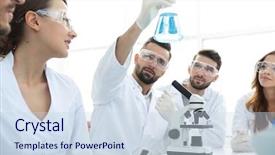  Presentation with biochemistry - Slide set with chemistry matter - group of young workers are background and a  colored foreground