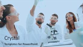  Presentation with biochemistry - Colorful slides enhanced with chemistry matter - group of young workers are backdrop and a light blue colored foreground