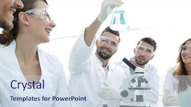  Presentation with matter - Slide set with chemistry matter - group of young workers are background and a sky blue colored foreground