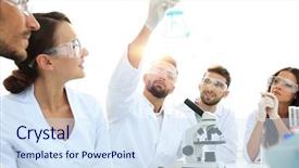  Presentation with biochemistry - PPT theme with chemistry matter - group of young workers are background and a sky blue colored foreground