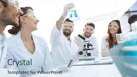  Presentation with biochemistry - Colorful slides enhanced with chemistry matter - group of young workers are backdrop and a  colored foreground