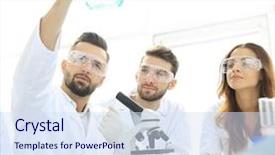  Presentation with biochemistry - PPT theme enhanced with chemistry matter - group of young workers are background and a sky blue colored foreground