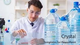  Presentation with testing - Presentation theme consisting of chemistry minerals - lab assistant testing water quality background and a light blue colored foreground