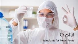  Presentation with testing - Slide set consisting of chemistry minerals - lab assistant testing water quality background and a light gray colored foreground