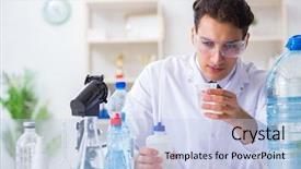  Presentation with testing - Beautiful slide deck featuring chemistry minerals - lab assistant testing water quality backdrop and a light blue colored foreground