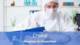  Presentation with lab - PPT theme with chemistry minerals - scientist looking and stone samples background and a teal colored foreground