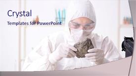  Presentation with chemistry - Slide deck featuring chemistry minerals - scientist looking and stone samples background and a sky blue colored foreground