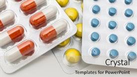  Presentation with colorful of antibiotics capsule pills - Presentation design featuring chemistry orange color - colorful pills closeup on white background and a soft green colored foreground