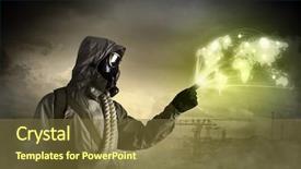  Presentation with nuclear weapons and gas mask - Theme having chemistry reactor - image of man in gas background and a  colored foreground