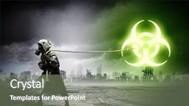  Presentation with radioactivity - Presentation design consisting of chemistry reactor - man in respirator against nuclear background and a gray colored foreground