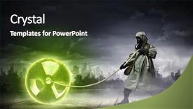  Presentation with radioactivity - Slide deck having chemistry reactor - man in respirator against nuclear background and a dark gray colored foreground