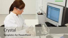  Presentation with research - Slide deck consisting of chemistry technology - woman in laboratory research research background and a light gray colored foreground