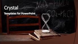  Presentation with table chemistry - Cool new slide deck with chemistry template - books hourglass on wooden table backdrop and a black colored foreground