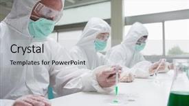  Presentation with laboratory - Colorful theme enhanced with chemists in protective suits working backdrop and a light gray colored foreground