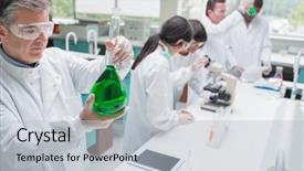  Presentation with liquid - Colorful theme enhanced with chemists working in a laboratory backdrop and a light gray colored foreground