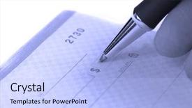  Presentation with writing pen - Colorful slides enhanced with cheque - person writing check with pen backdrop and a light blue colored foreground