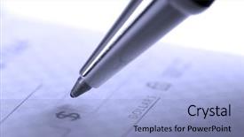  Presentation with writing pen - Presentation featuring cheque - person writing check with pen background and a light blue colored foreground