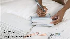  Presentation with report writing social mediaa - Amazing PPT theme having cheque - woman writing check backdrop and a light gray colored foreground