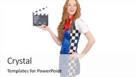  Presentation with clothing - PPT layouts having chequered flag - woman wearing motosports clothing background and a white colored foreground