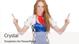  Presentation with roman clothing - Slide deck featuring chequered flag - woman wearing motosports clothing background and a white colored foreground