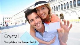  Presentation with tourists - Beautiful slide deck featuring cherful couple of tourists showing visitor's card backdrop and a light blue colored foreground