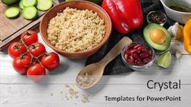  Presentation with fresh fruits vegetables dairy meat - PPT layouts enhanced with cherries free - composition with cooked quinoa background and a light gray colored foreground