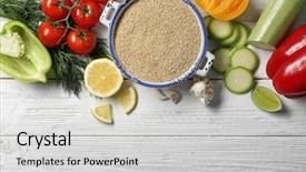  Presentation with fresh fruits vegetables dairy meat - Audience pleasing PPT layouts consisting of cherries free - composition with raw quinoa backdrop and a light gray colored foreground