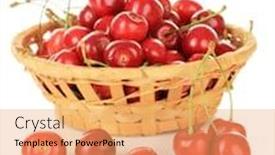  Presentation with wicker - Colorful slides enhanced with cherry berries in wicker basket isolated on white backdrop and a yellow colored foreground