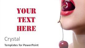  Presentation with cherry - Presentation theme consisting of cherry in mouth of young woman isolated with copy space background and a white colored foreground