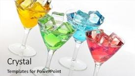  Presentation with glass of whiskey ice - Presentation featuring cherry liqueur - glasses of colorful drinks background and a  colored foreground