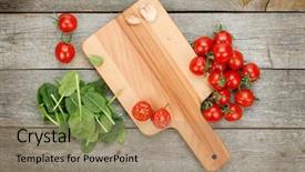  Presentation with vegetable cutting board - Presentation consisting of cherry tomatoes on cutting board background and a coral colored foreground
