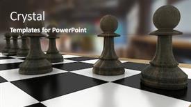  Presentation with chess pieces - Slide deck enhanced with 3d sel - chess pieces against blurry cafe background and a dark gray colored foreground