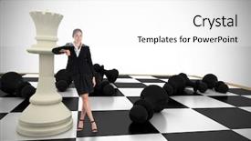  Presentation with queen chess - Colorful presentation theme enhanced with chess queen - young businesswoman standing and leaning backdrop and a  colored foreground