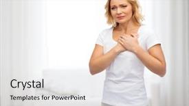  Presentation with unhappy - Amazing PPT theme having chest pain - unhappy woman suffering from heartache backdrop and a light gray colored foreground