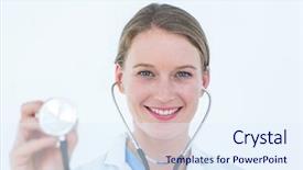  Presentation with female - Audience pleasing theme consisting of chest piece - smiling female doctor holding stethoscope backdrop and a  colored foreground