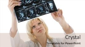  Presentation with female menstrual cycle - Presentation consisting of chest xray - female doctor looking tomogram background and a coral colored foreground