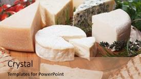  Presentation with healthy snack - Slide deck with chevre - assorted cheese on wooden platter background and a  colored foreground