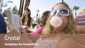  Presentation with relaxing - Amazing PPT theme having chewing gum - young female friends relaxing backdrop and a coral colored foreground