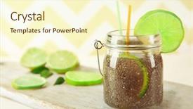  Presentation with beverage - Slide set with chia seeds beverage with lime in glass jar on striped background background and a cream colored foreground