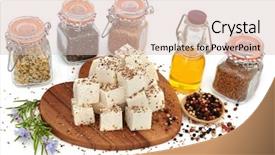  Presentation with vegan food - Slide set with chia seeds olive oil rosemary background and a lemonade colored foreground