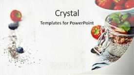  Presentation with pudding - Presentation design consisting of chia seeds vanilla pudding and berries on wooden rustic background background and a white colored foreground