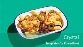  Presentation with green shadow - PPT theme having chicago-cheese-steak-fries background and a ocean colored foreground