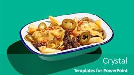  Presentation with green shadow - Beautiful slide set featuring chicago-cheese-steak-fries backdrop and a ocean colored foreground