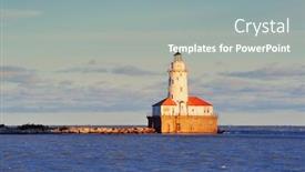  Presentation with chicago - PPT theme consisting of chicago light house in lake michigan with cloud and blue sky at sunset background and a gray colored foreground