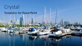  Presentation with chicago skyline - Colorful slide deck enhanced with chicago skyline in the morning with urban marina in front no brand names or copyright objects backdrop and a light blue colored foreground