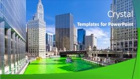  Presentation with festival - Cool new slide deck with chicago skylines building along green dyeing river of chicago river on st patrick day festival in chicago downtown il usa backdrop and a teal colored foreground